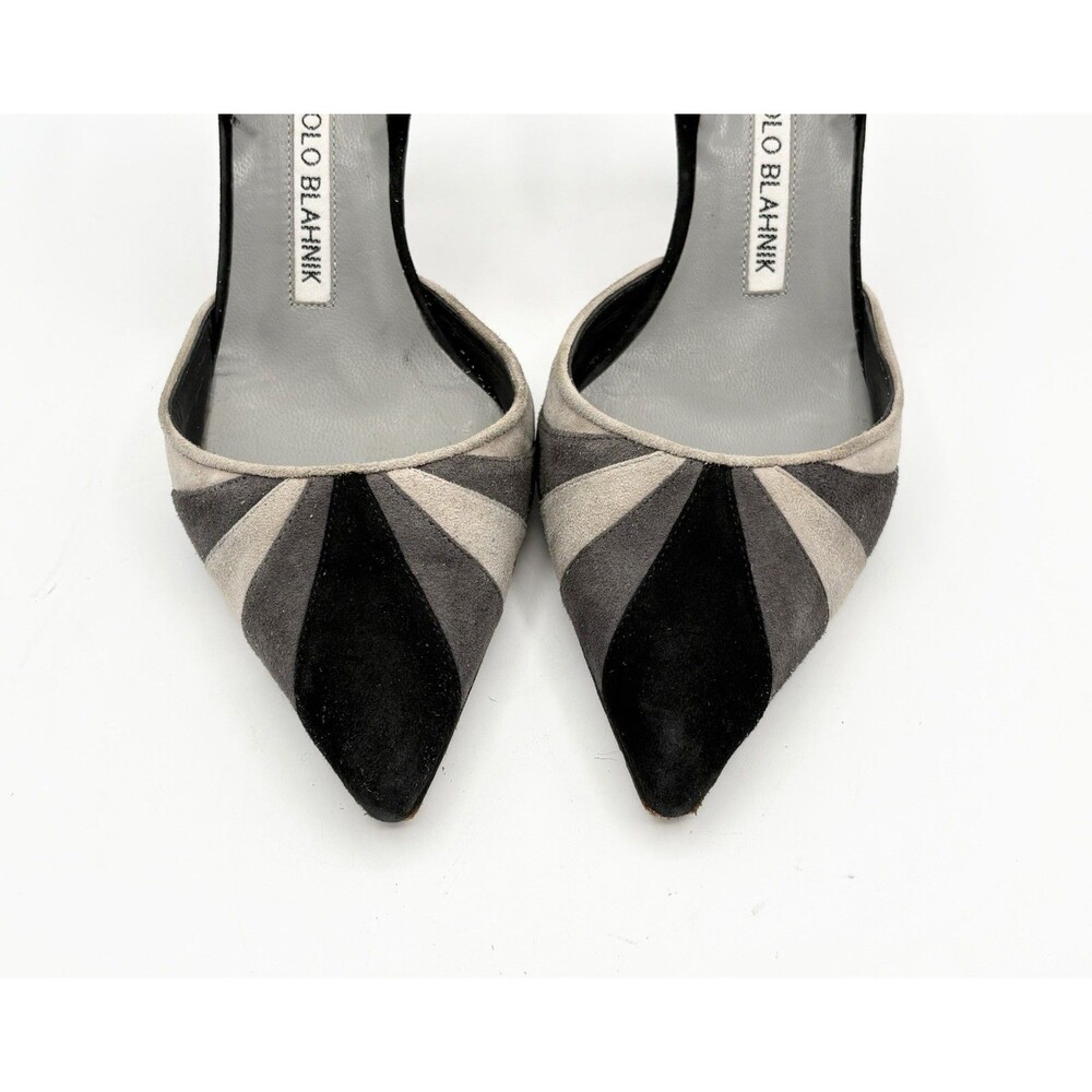 Manolo Blahnik Gray & Black Suede Stripes Slingback Pointed Toe Heels Size EU 35 - Picture 6 of 13